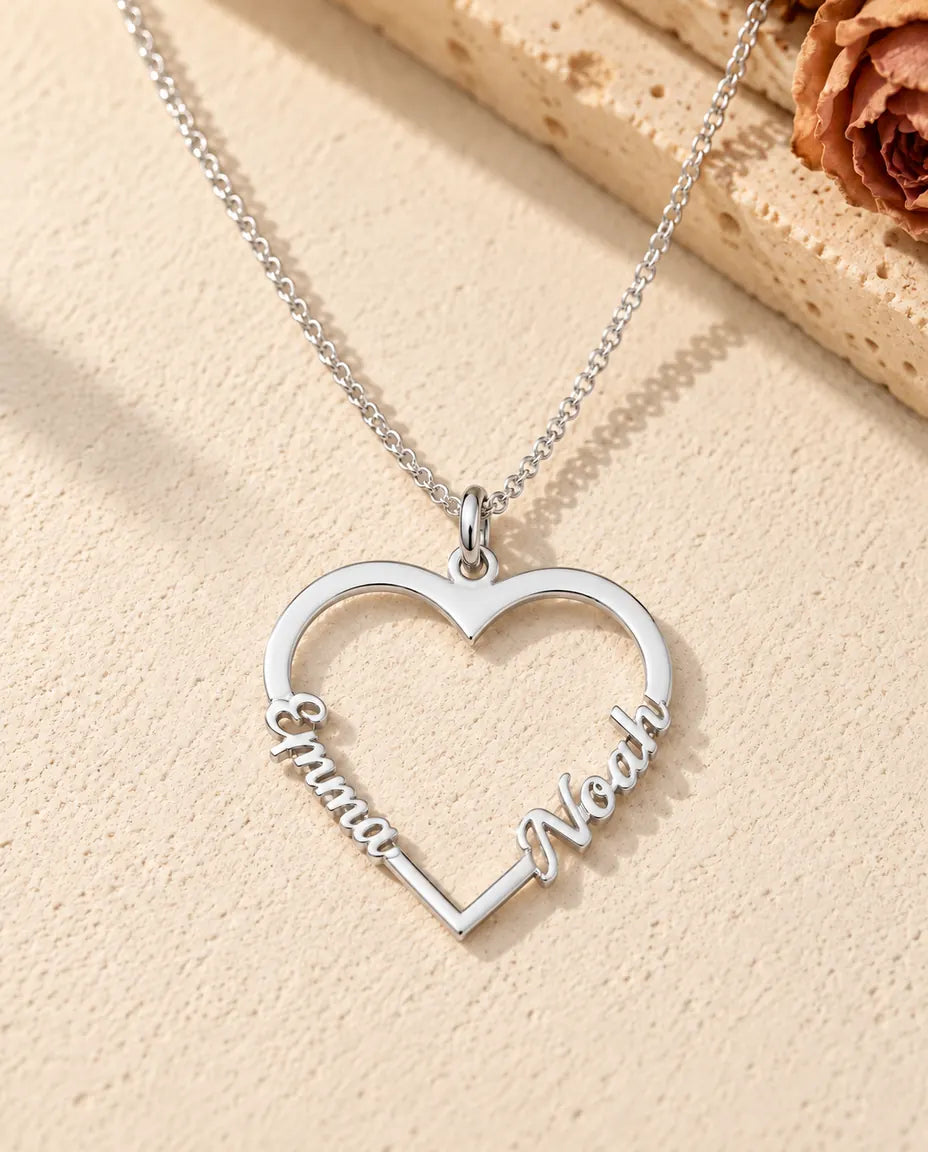 Collier Cœur Deux Prénoms en Argent Sterling 925 - vue de face en argent