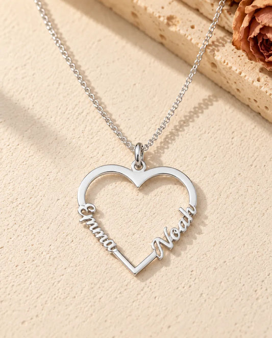 Collier Cœur Deux Prénoms en Argent Sterling 925 - vue de face en argent