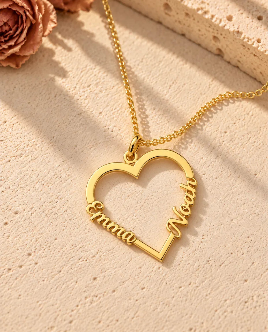 Collier Cœur Deux Prénoms en Argent Sterling 925 - finition or