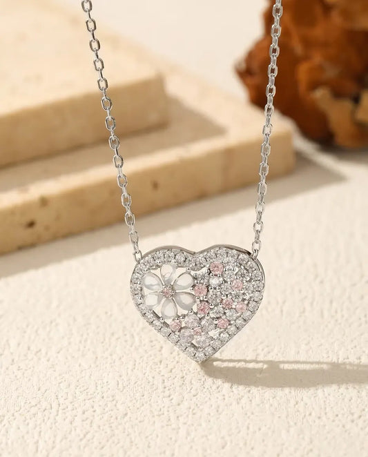 Collier Cœur Fleur de Nacre - zircons roses et blancs sur un pendentif de 16 x 18 mm, argent 925, 40 plus 5 cm