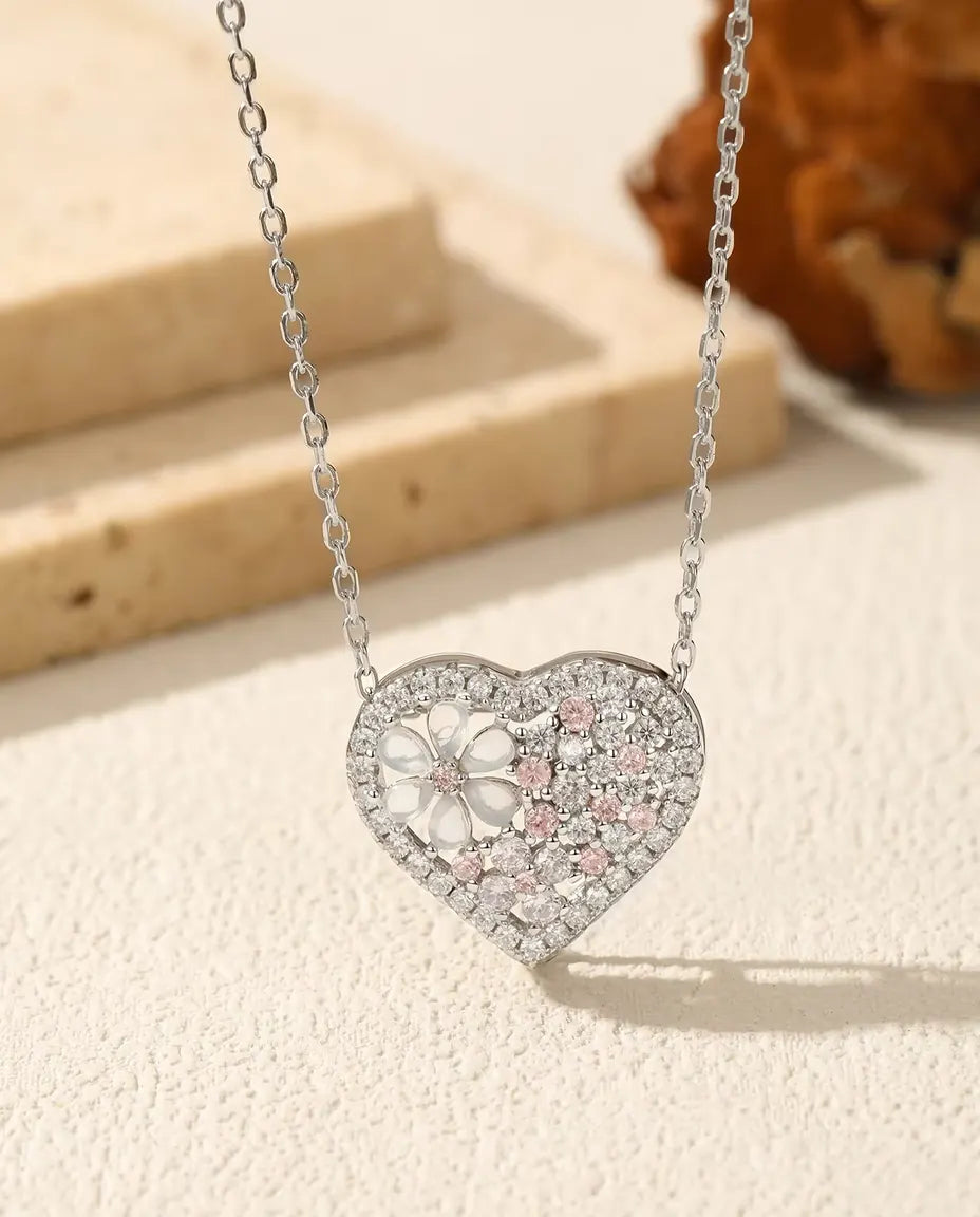 Collier Cœur Fleur de Nacre - zircons roses et blancs sur un pendentif de 16 x 18 mm, argent 925, 40 plus 5 cm