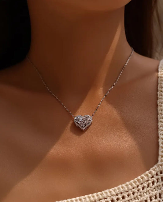 Collier Cœur Fleur de Nacre - zircons roses et blancs sur un pendentif de 16 x 18 mm, argent 925, 40 plus 5 cm
