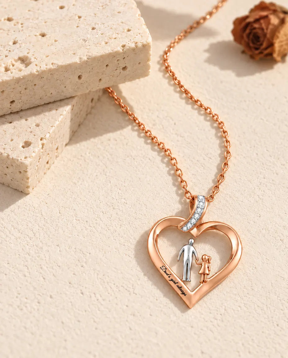 Pendentif cœur papa et fille avec sa bélière en ruban sertie d'oxydes de zirconium, de biais sur du plâtre