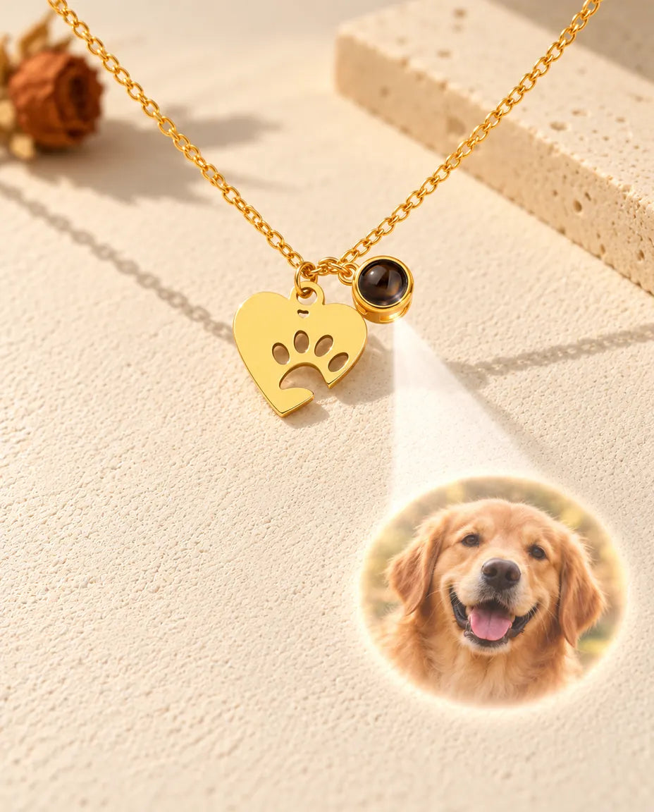La lumière traverse la petite pierre du collier cœur patte doré et projette un golden retriever