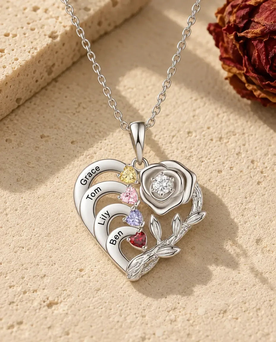 Collier Cœur Pierre de Naissance pour Maman et Grand-Mère - vue de face en argent