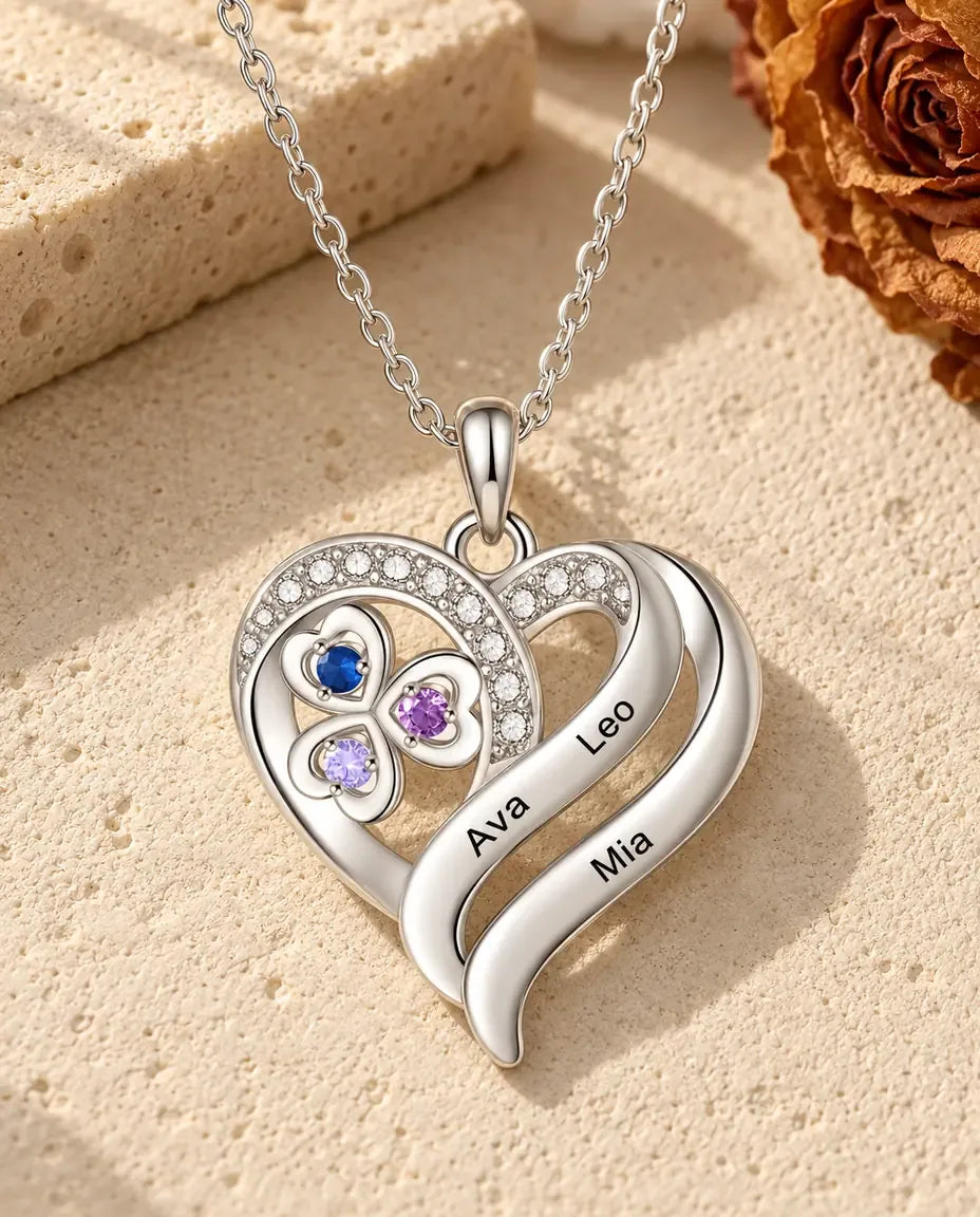Collier Cœur Trèfle Personnalisé - vue de face en argent