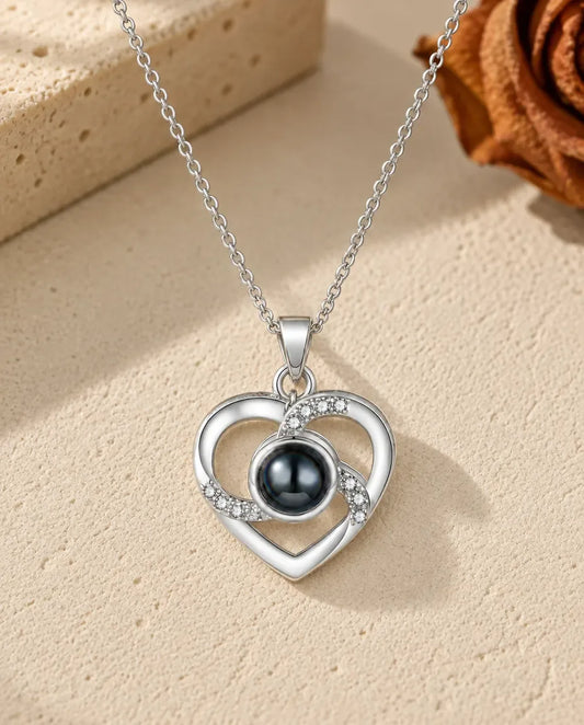 Collier Cœur Personnalisé à Projection Photo - vue de face en argent