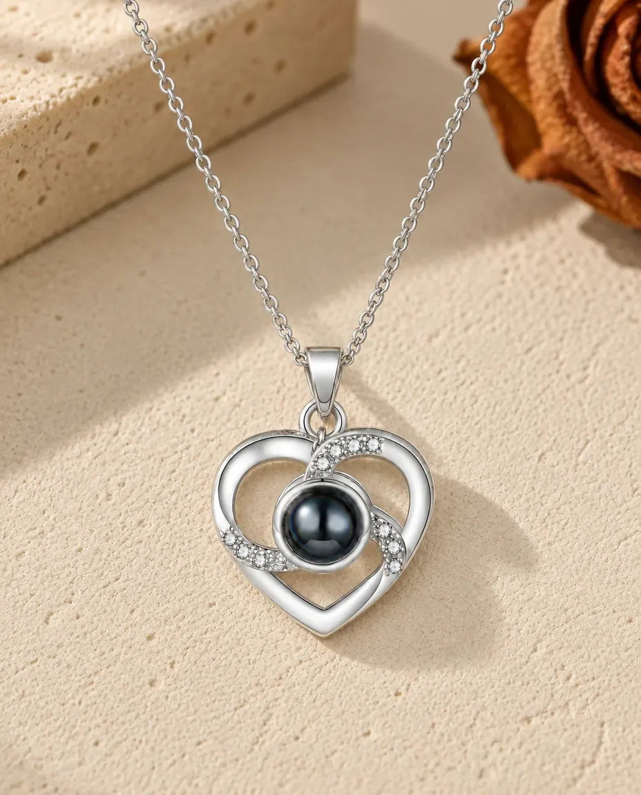 Collier Cœur Personnalisé à Projection Photo - vue de face en argent