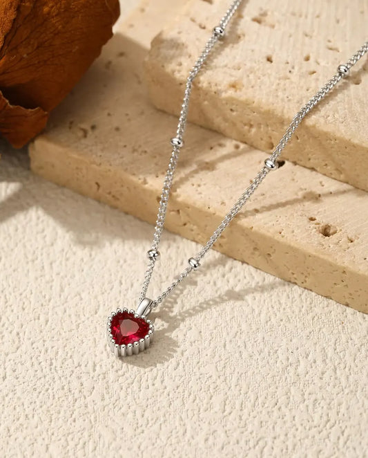 Collier Cœur Zircone Rouge – pendentif 5 mm à sertissage perlé, en argent 925, chaîne boules 40+5 cm