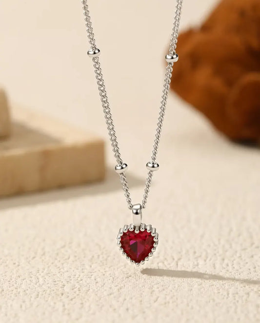 Collier Cœur Zircone Rouge – pendentif 5 mm à sertissage perlé, en argent 925, chaîne boules 40+5 cm