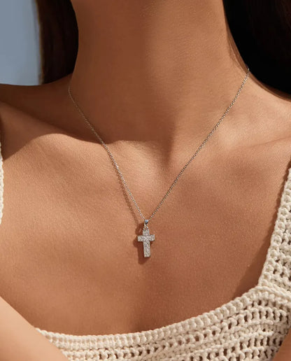Collier Croix Pavée - pendentif 10 x 17 mm à bélière fixe, chaîne fine 40+5 cm en argent sterling 925