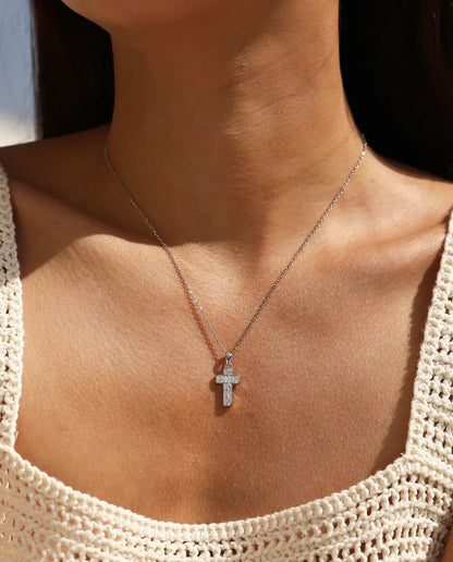 Collier Croix Pavée - pendentif 10 x 17 mm à bélière fixe, chaîne fine 40+5 cm en argent sterling 925