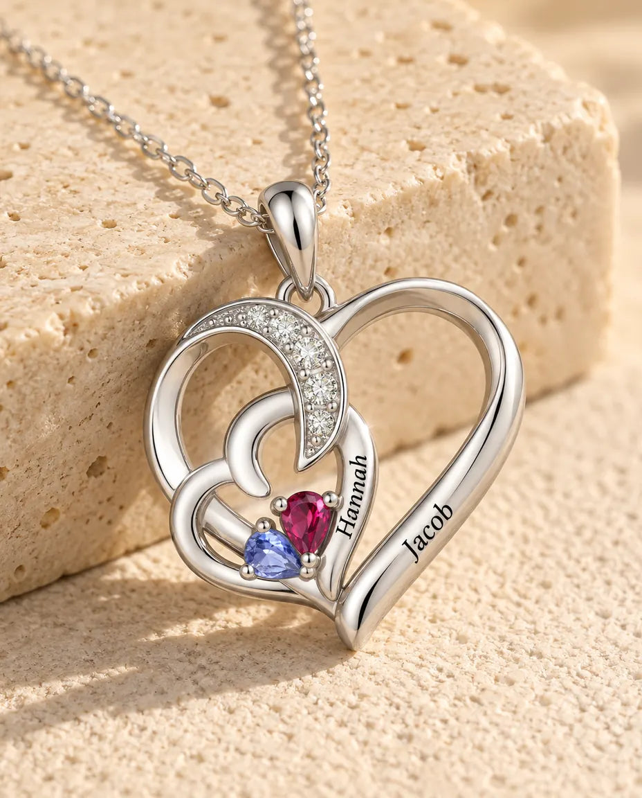Collier pierre de naissance personnalisé 2 prénoms - deux cœurs entrelacés, deux pierres poire, rhodié