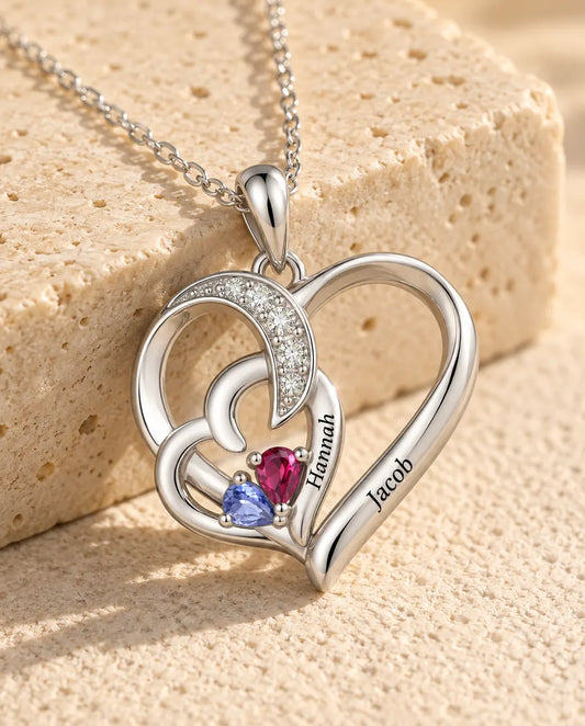 Collier pierre de naissance personnalisé 2 prénoms - deux cœurs entrelacés, deux pierres poire, rhodié