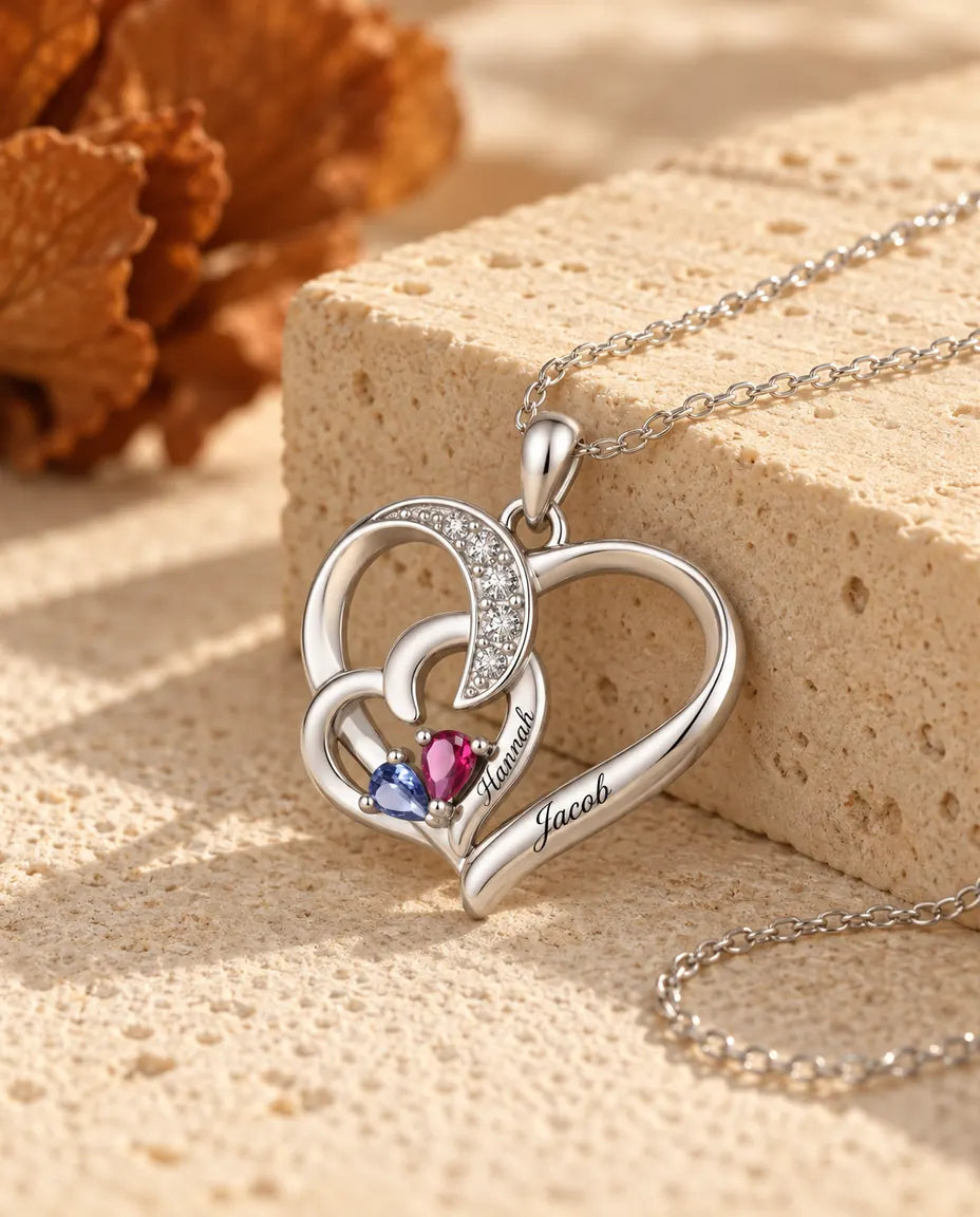 Collier pierre de naissance personnalisé 2 prénoms - deux cœurs entrelacés, deux pierres poire, rhodié