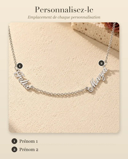 Collier Deux Prénoms en Argent Sterling 925 - guide de personnalisation : emplacement du prénom
