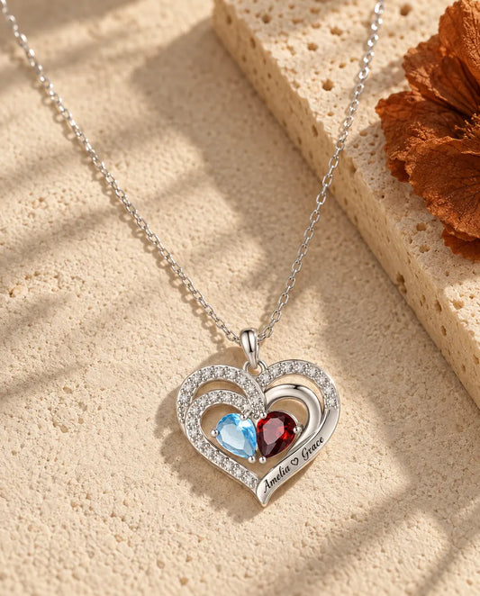 Collier pierre de naissance personnalisé 2 prénoms - pendentif double cœur, deux pierres poire, rhodié