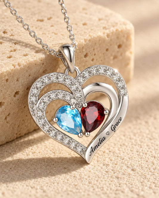 Collier pierre de naissance personnalisé 2 prénoms - pendentif double cœur, deux pierres poire, rhodié
