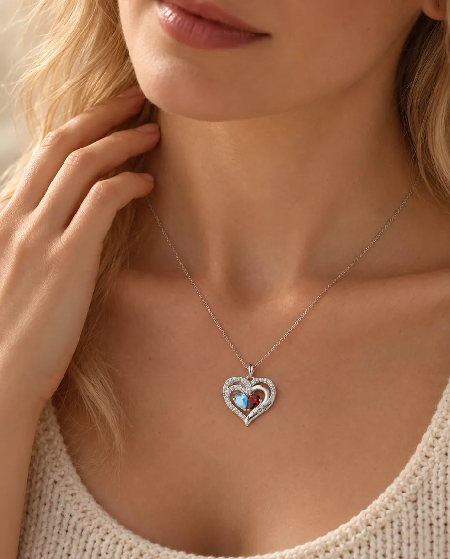 Collier pierre de naissance personnalisé 2 prénoms - pendentif double cœur, deux pierres poire, rhodié