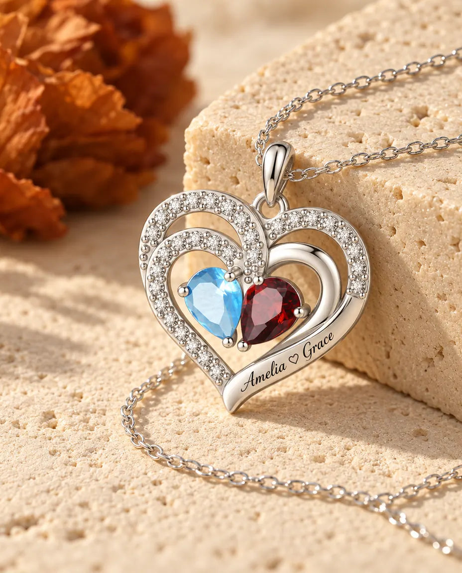 Collier pierre de naissance personnalisé 2 prénoms - pendentif double cœur, deux pierres poire, rhodié