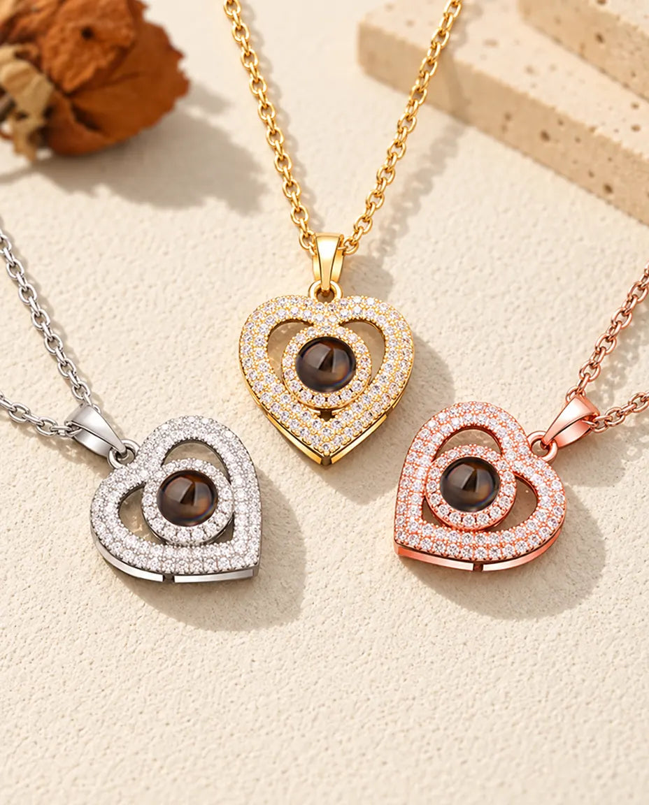 Colliers double cœur pavés de zircons argenté, doré et couleur or rose