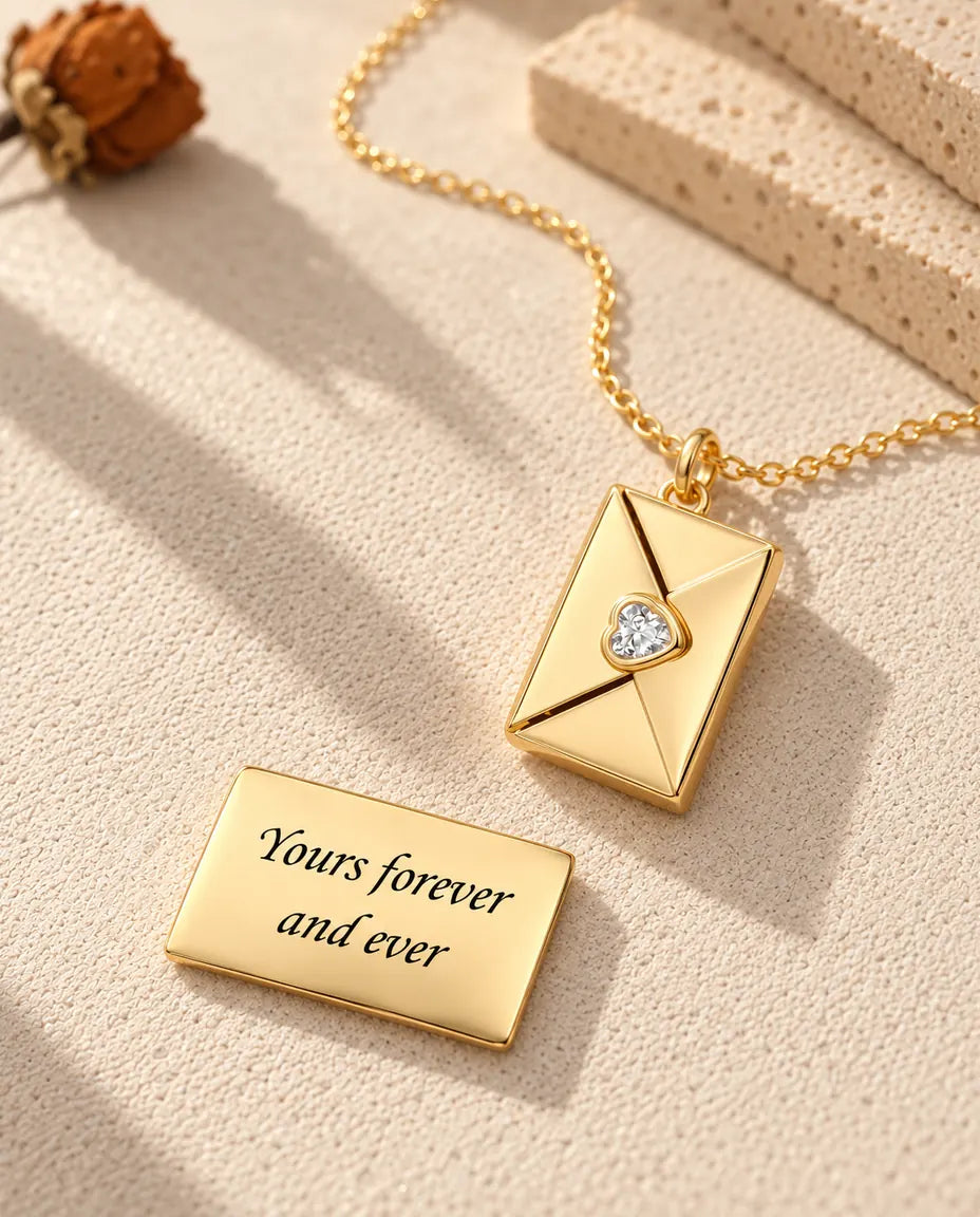 Collier médaillon enveloppe doré avec sa carte photo gravée « Yours forever and ever »