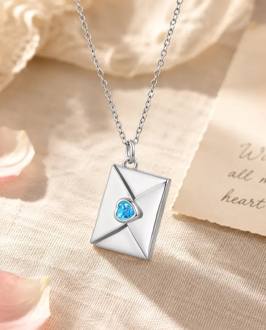 Collier Enveloppe Personnalisé avec Photo & Pierre de Naissance – Médaillon Gravé en Argent & Or, Cadeau pour Elle