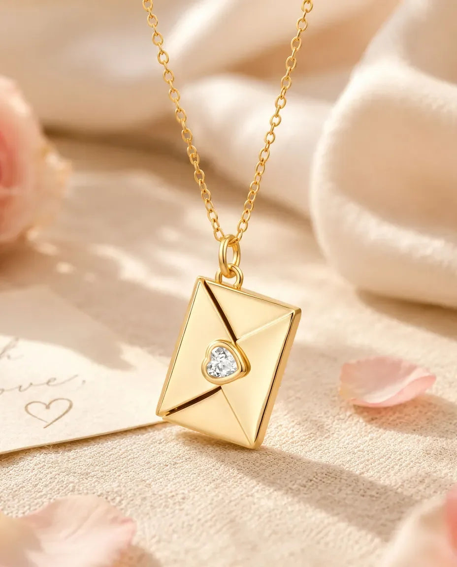 Collier Enveloppe Personnalisé avec Photo & Pierre de Naissance – Médaillon Gravé en Argent & Or, Cadeau pour Elle