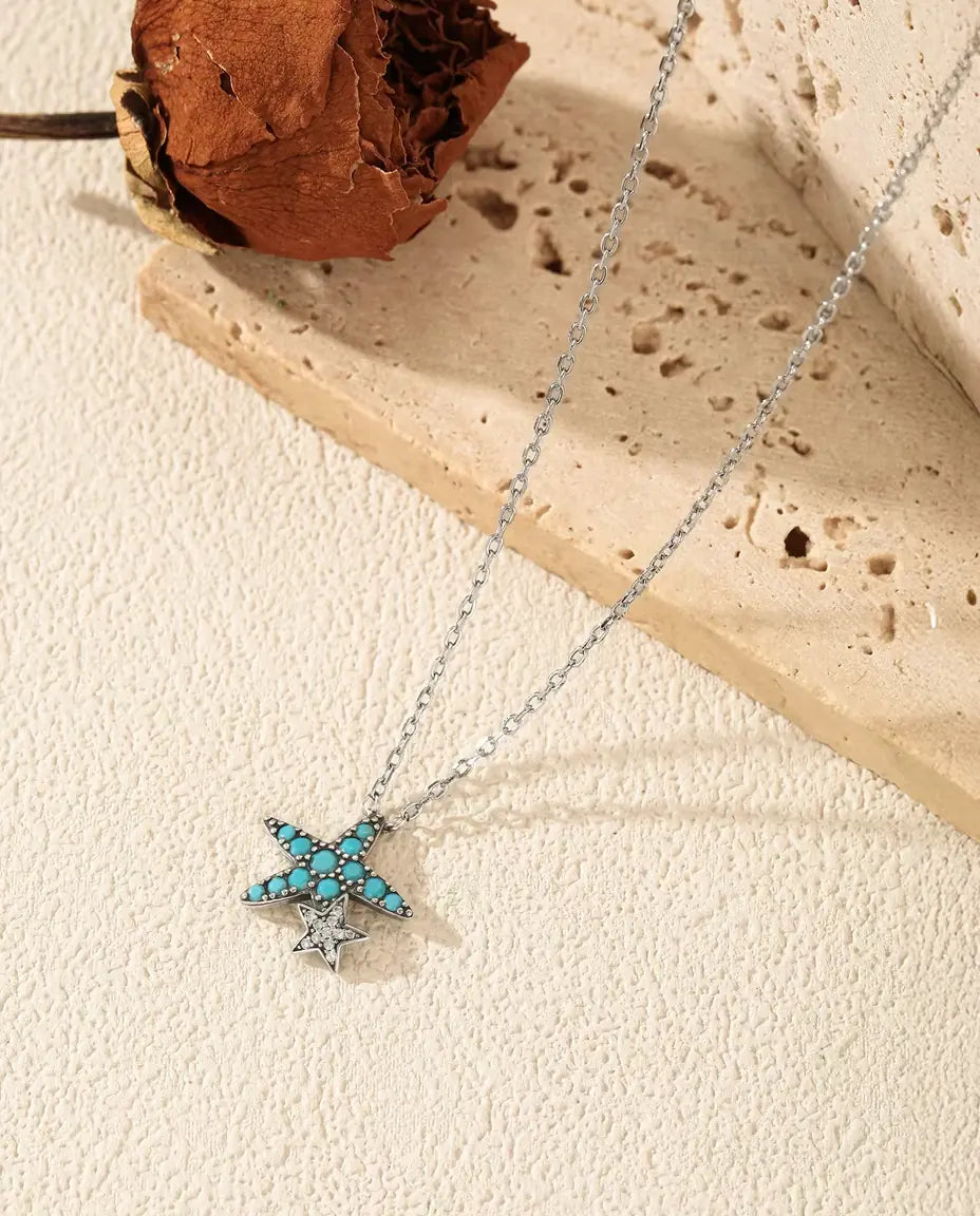 Collier Étoile de Mer Turquoise - pendentif 14,5 x 15 mm avec petite étoile, argent 925, 40 + 5 cm