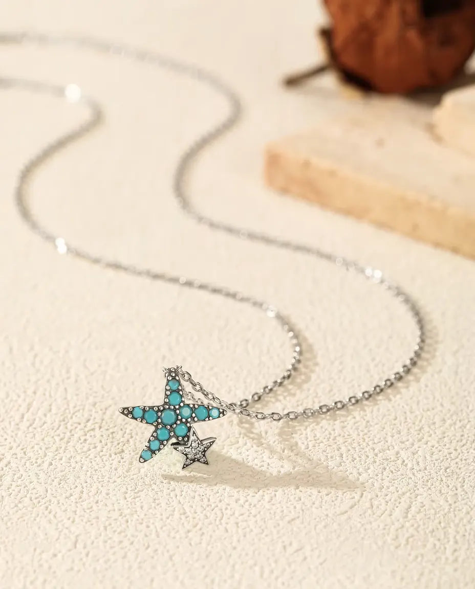 Collier Étoile de Mer Turquoise - pendentif 14,5 x 15 mm avec petite étoile, argent 925, 40 + 5 cm