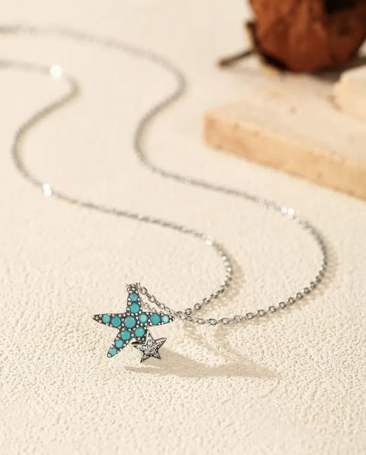 Collier Étoile de Mer Turquoise - pendentif 14,5 x 15 mm avec petite étoile, argent 925, 40 + 5 cm