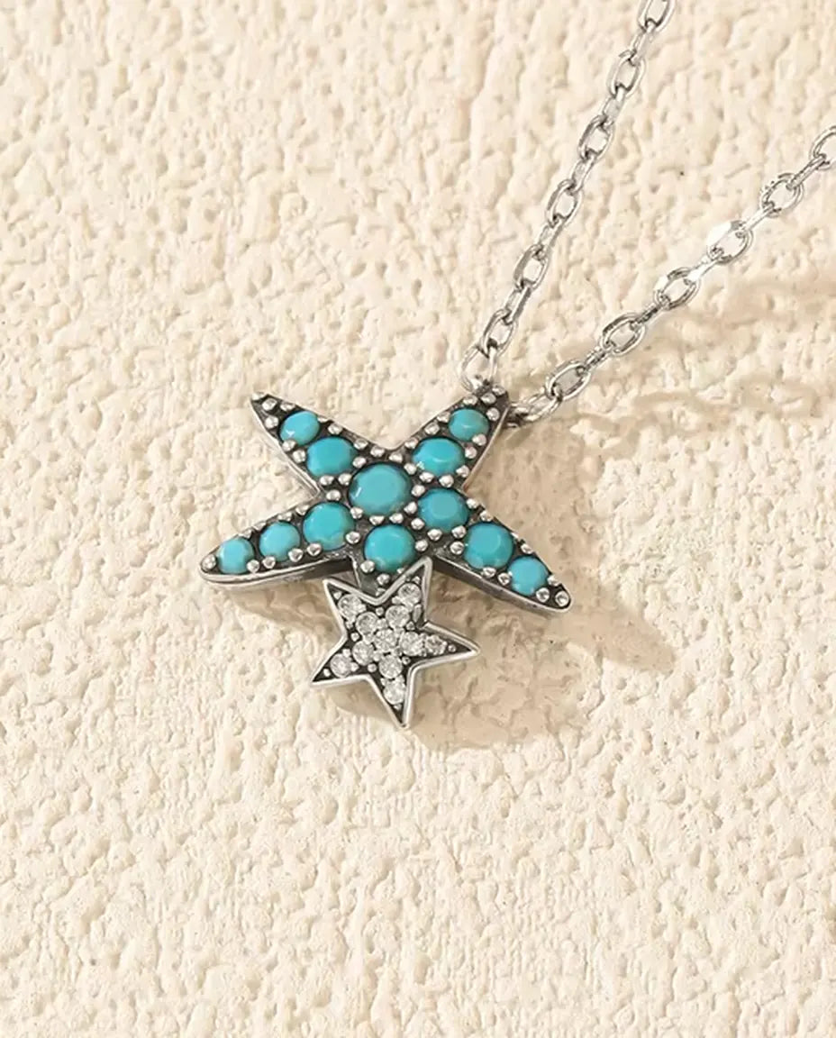 Collier Étoile de Mer Turquoise - pendentif 14,5 x 15 mm avec petite étoile, argent 925, 40 + 5 cm