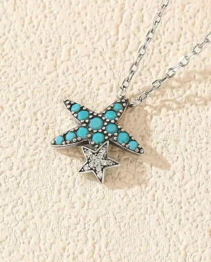 Collier Étoile de Mer Turquoise - pendentif 14,5 x 15 mm avec petite étoile, argent 925, 40 + 5 cm