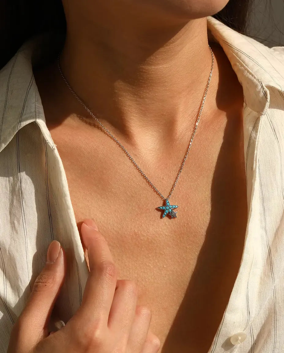 Collier Étoile de Mer Turquoise - pendentif 14,5 x 15 mm avec petite étoile, argent 925, 40 + 5 cm