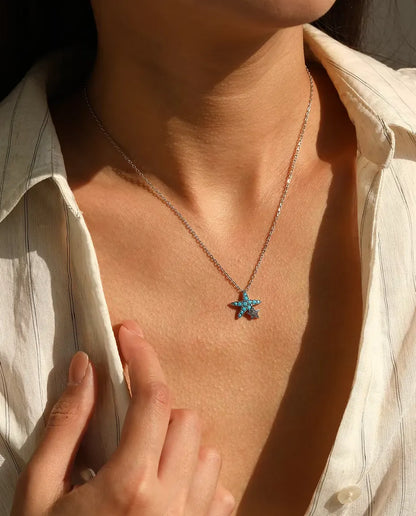 Collier Étoile de Mer Turquoise - pendentif 14,5 x 15 mm avec petite étoile, argent 925, 40 + 5 cm