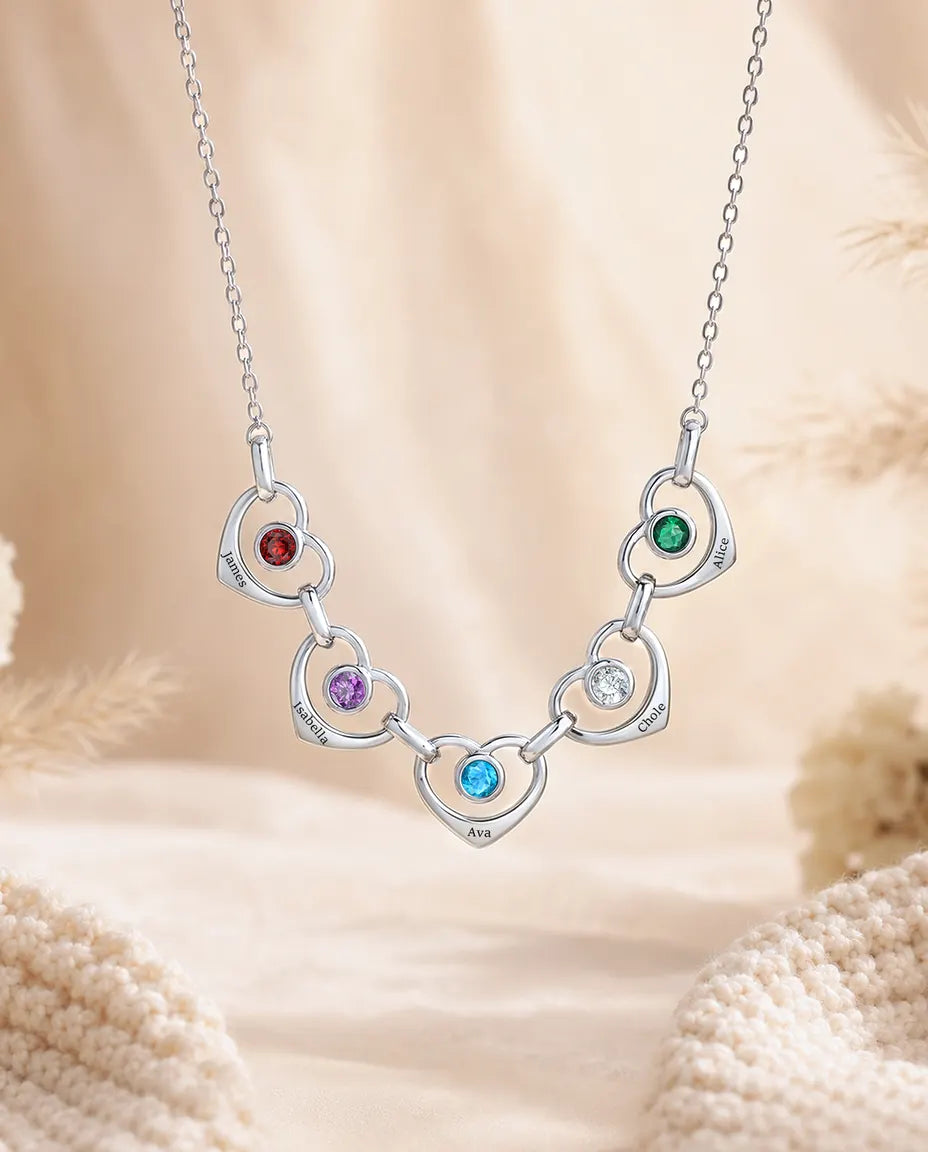 Collier famille personnalisé 1 à 6 prénoms - cœurs reliés avec pierres de naissance, rhodié