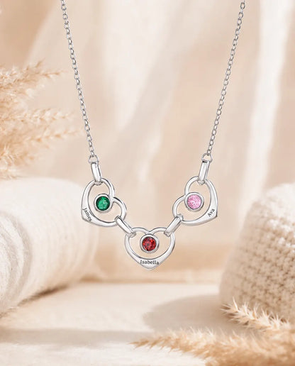 Collier famille personnalisé 1 à 6 prénoms - cœurs reliés avec pierres de naissance, rhodié