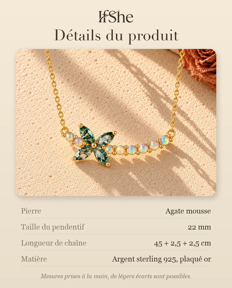 Collier Fleur Agate Mousse en Argent 925 Plaqué Or - détails du produit : pierres, taille du pendentif, longueur de chaîne et matière