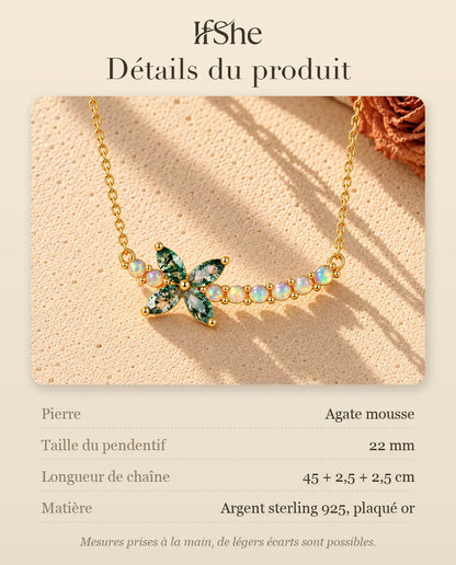Collier Fleur Agate Mousse en Argent 925 Plaqué Or - détails du produit : pierres, taille du pendentif, longueur de chaîne et matière