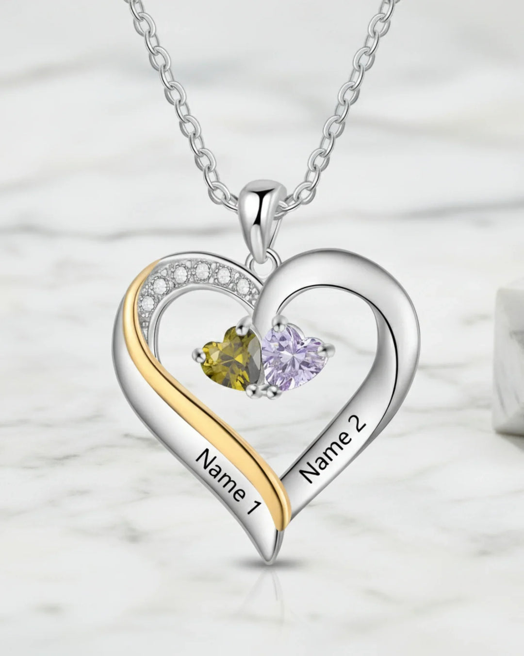 Collier Personnalisé – Cœur Gravé en Argent 925 avec 2 Prénoms et Pierres de Naissance, Cadeau pour Maman, pour Elle