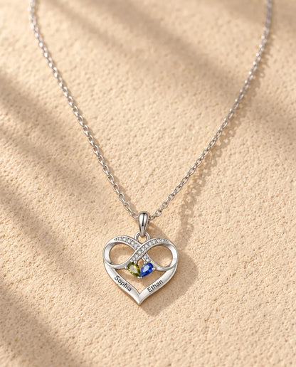 Collier pierre de naissance personnalisé 2 prénoms - cœur infini, deux pierres poire, rhodié
