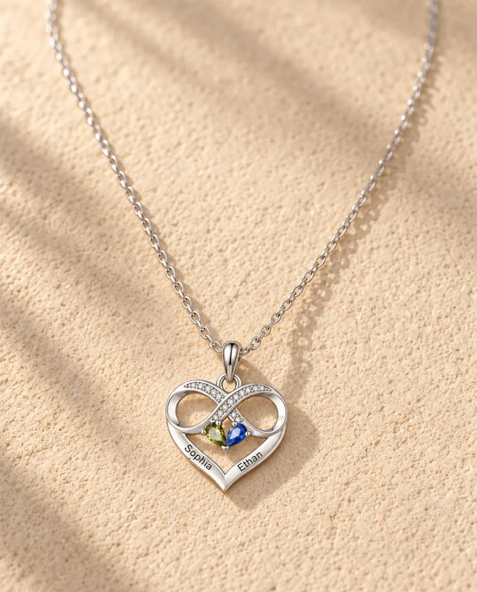 Collier pierre de naissance personnalisé 2 prénoms - cœur infini, deux pierres poire, rhodié