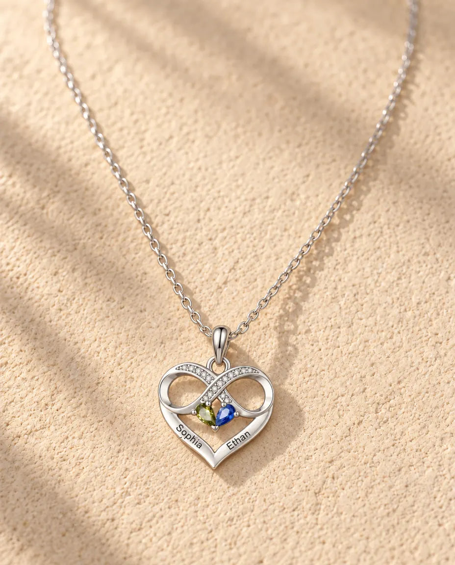 Collier pierre de naissance personnalisé 2 prénoms - cœur infini, deux pierres poire, rhodié