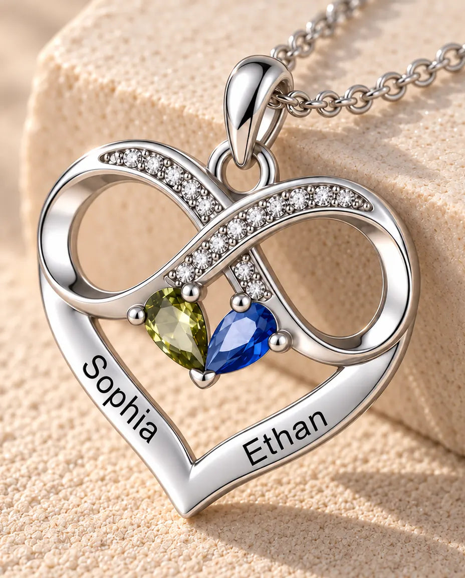 Collier pierre de naissance personnalisé 2 prénoms - cœur infini, deux pierres poire, rhodié