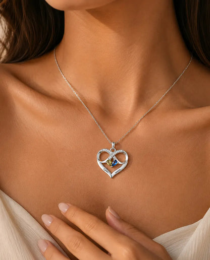 Collier pierre de naissance personnalisé 2 prénoms - cœur infini, deux pierres poire, rhodié