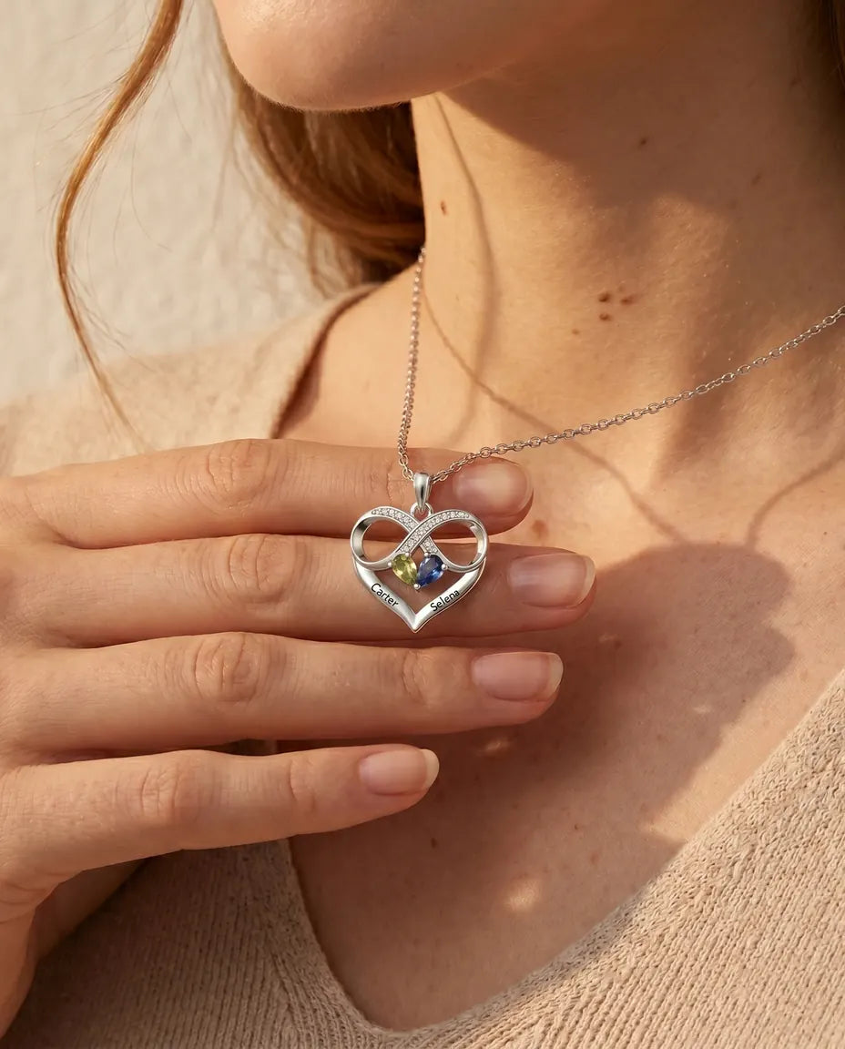 Collier pierre de naissance personnalisé 2 prénoms - cœur infini, deux pierres poire, rhodié
