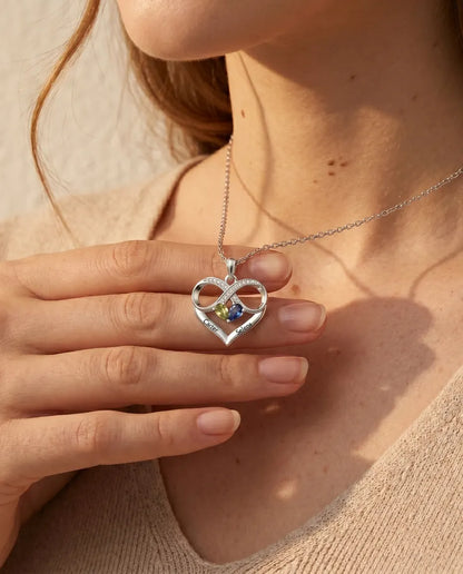 Collier pierre de naissance personnalisé 2 prénoms - cœur infini, deux pierres poire, rhodié