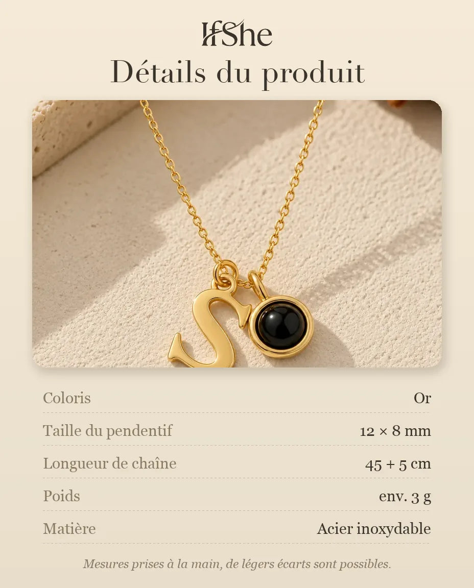 Collier initiale doré photo projection personnalisé - dimensions et matière