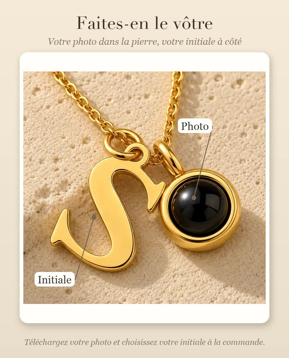 Collier initiale doré photo projection personnalisé - guide de personnalisation : photo et initiale