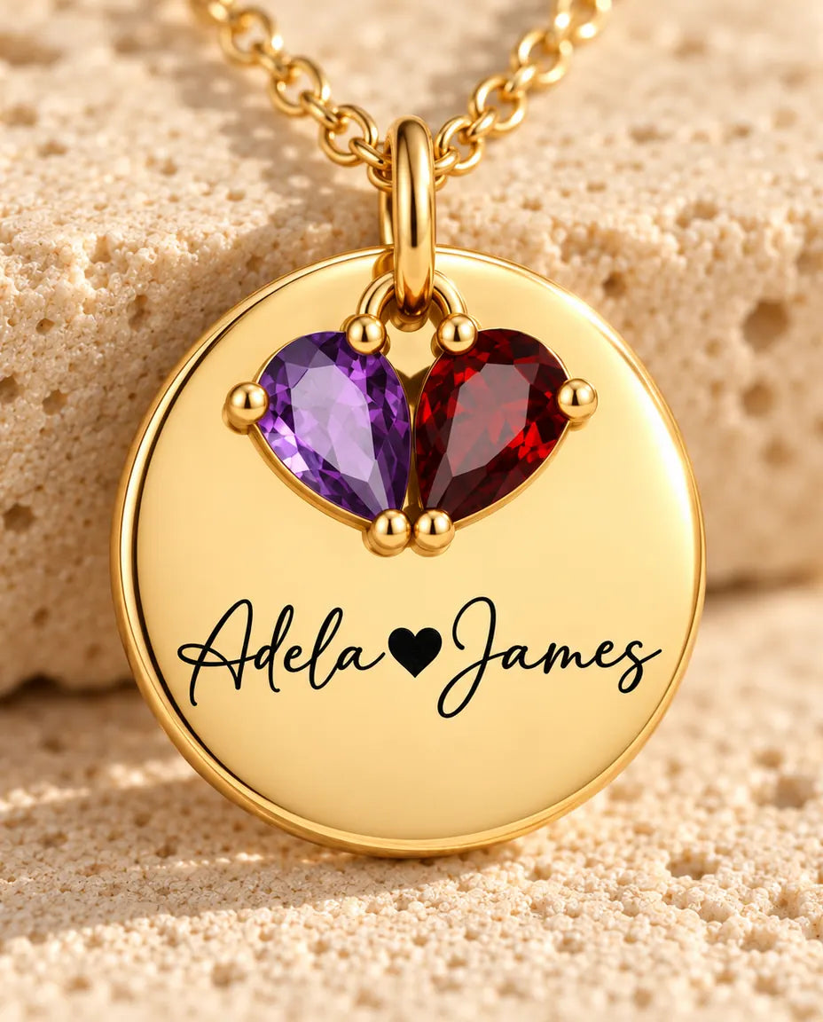 Collier pierre de naissance personnalisé 2 prénoms - médaille dorée gravée, deux pierres poire